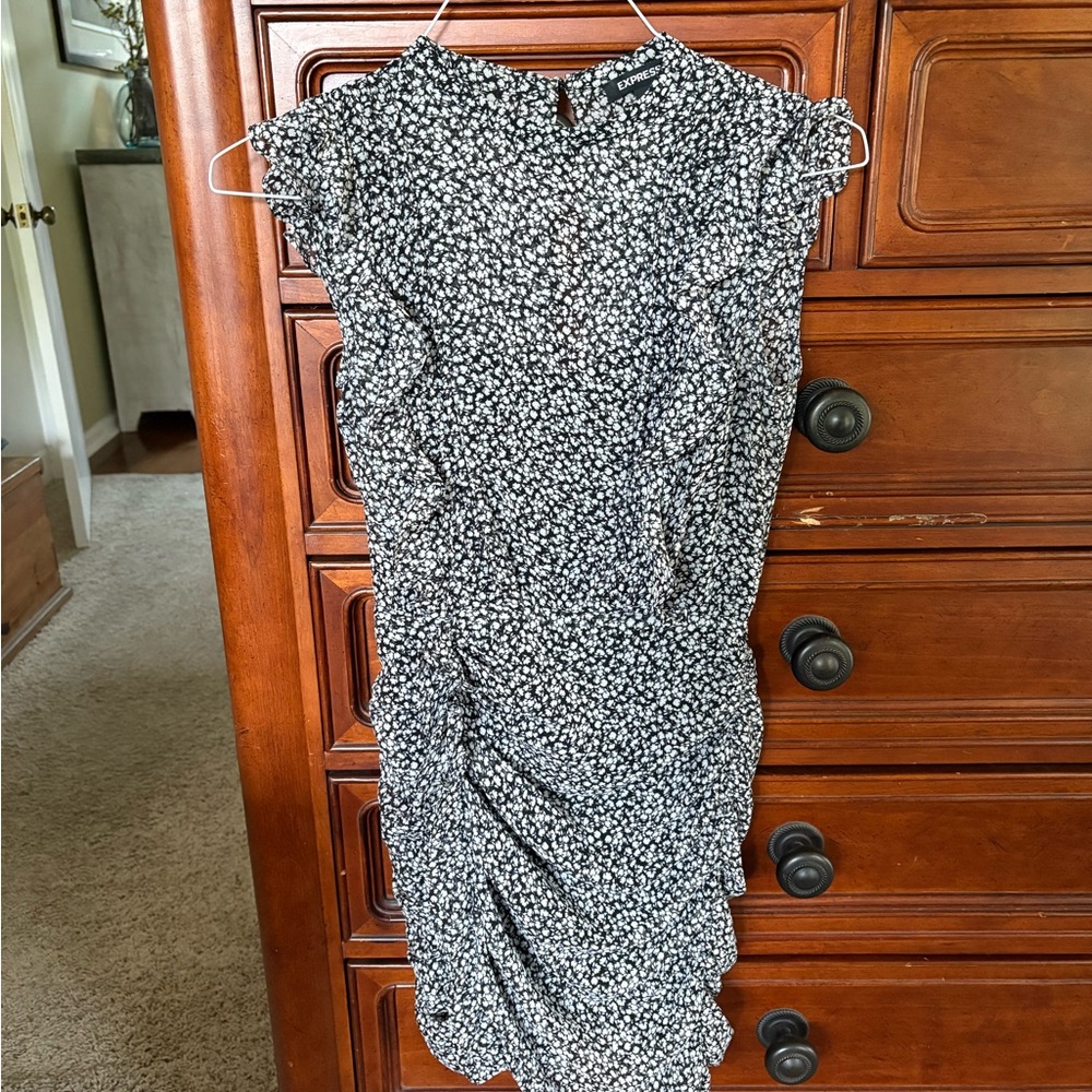 Express Black and White Ruffled Dress
XS
Form fitting
Ruffles on the front